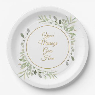 Elegant Gold Script Soft Watercolor Greenery Paper Plate