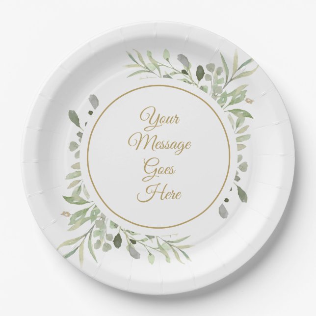 Elegant Gold Script Soft Watercolor Greenery Paper Plate (Front)