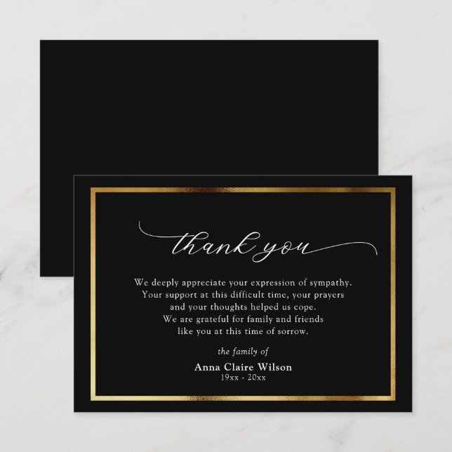 Elegant Gold Script Sympathy Thank You Card (Front/Back)
