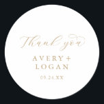 Elegant Gold Script Thank You Wedding Favour Classic Round Sticker<br><div class="desc">These elegant gold script thank you wedding favour stickers are perfect for a simple wedding reception. The minimalist gold and white design features fancy romantic typography with modern glam style. Customizable in any colour. Keep the design minimal and classy, as is, or personalize it by adding your own graphics and...</div>