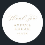 Elegant Gold Script Thank You Wedding Favour Classic Round Sticker<br><div class="desc">These elegant gold script thank you wedding favour stickers are perfect for a simple wedding reception. The minimalist gold and white design features fancy romantic typography with modern glam style. Customizable in any colour. Keep the design minimal and classy, as is, or personalize it by adding your own graphics and...</div>