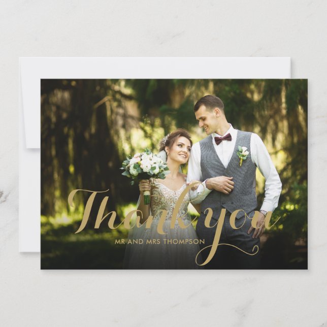 Elegant Gold Script Thank You Wedding Photo Card (Front)