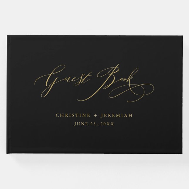 Elegant Gold Script Typography Black Wedding Guest Guest Book (Front)