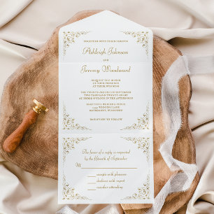 Elegant Gold Script Vintage Botanical Frame All In One Invitation