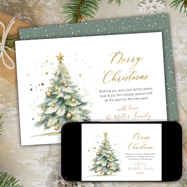 Elegant Gold Script Watercolor Christmas Tree Holiday Card (Creator Uploaded)