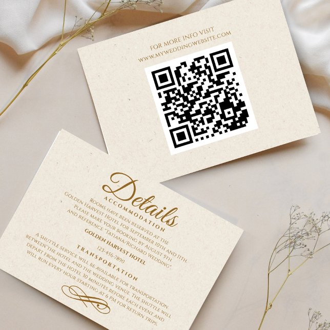 Elegant Gold Script Wedding Details Card with QR (Elegant Gold Script Wedding Details Enclosure Card)