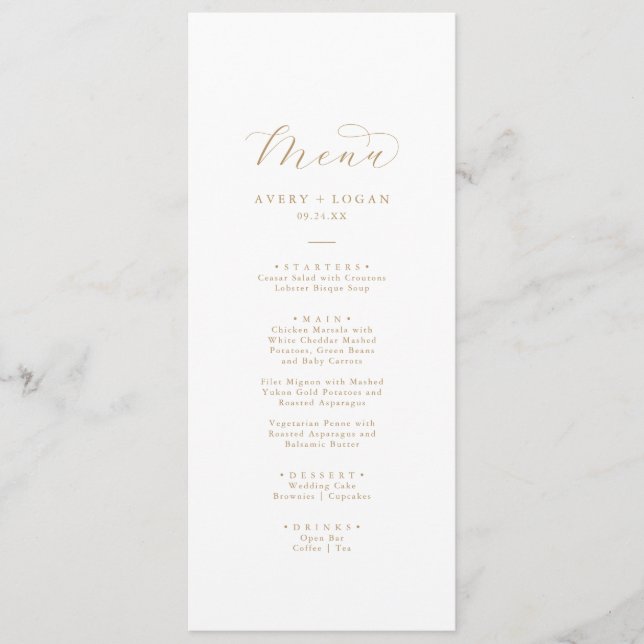 Elegant Gold Script Wedding Dinner Menu (Front)