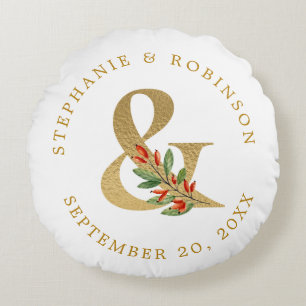 Elegant Gold Script Wedding Monogram Round Pillow
