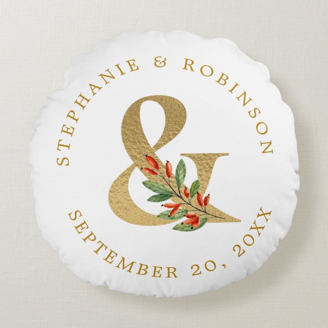 Elegant Gold Script Wedding Monogram  Round Pillow (Front)