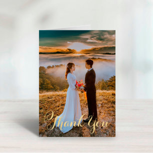 Elegant Gold Script Wedding Photo Thank You Card