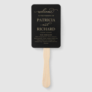 Elegant Gold Script Wedding Program Black Hand Fan