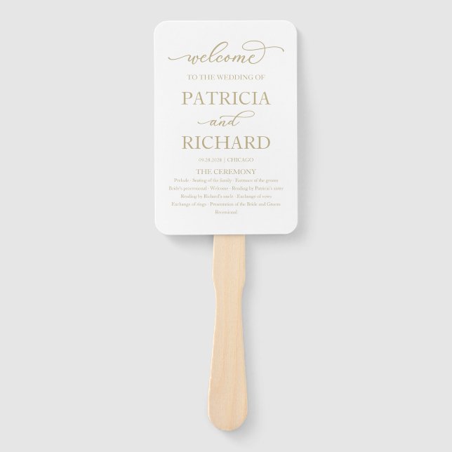 Elegant Gold Script Wedding Program Hand Fan (Front)