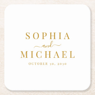 Elegant Gold Script Wedding Rehearsal Dinner Square Paper Coaster
