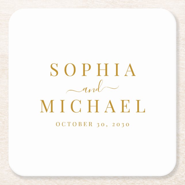 Elegant Gold Script Wedding Rehearsal Dinner  Square Paper Coaster (Front)