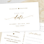 Elegant Gold Script, Wedding Save The Date P Postcard<br><div class="desc">Announce your wedding date with this beautiful, elegant and simple wedding save the date postcard. Elegant modern hand written Script typography through out. Clean and simple style. White and gold design with touches of gold faux foil. Ability to change "Save the" to "Save our" date. Back with area for your...</div>
