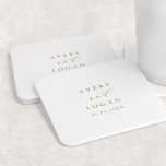 Elegant Gold Script Wedding Square Paper Coaster<br><div class="desc">This elegant gold script wedding favour square paper coaster is perfect for a simple wedding. The minimalist gold and white design features fancy romantic typography with modern glam style. Customizable in any colour. Keep the design minimal and classy, as is, or personalize it by adding your own graphics and artwork....</div>