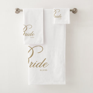 Elegant Gold Script White Bride Bath Towel Set