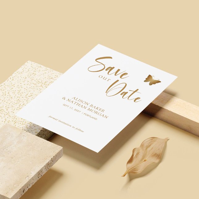Elegant Gold Script with Glitter Butterfly Wedding Save The Date (Personalized Elegant Gold Script with Glitter Butterfly Wedding Save The Date)