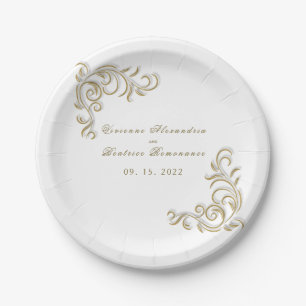 Elegant gold scroll wedding reception party paper plate