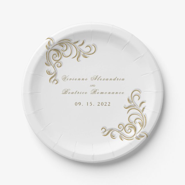 Elegant gold scroll wedding reception party paper plate (Front)