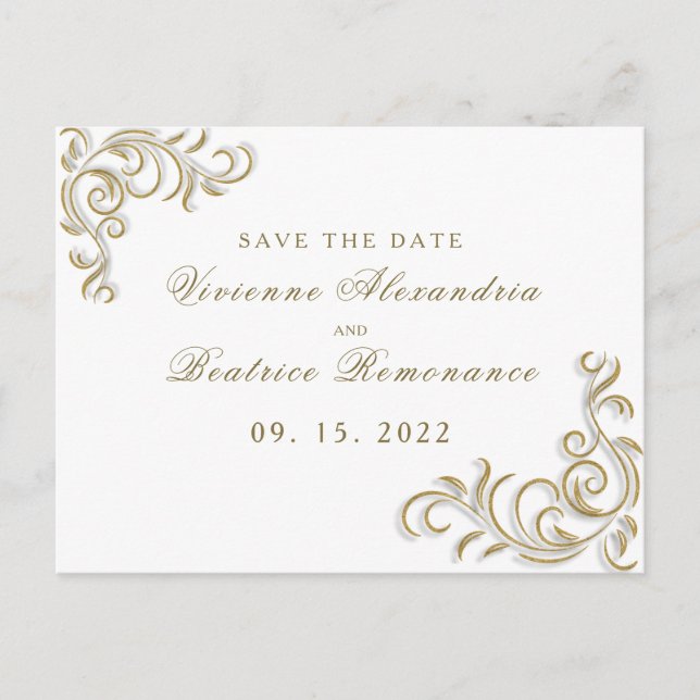 Elegant gold scroll wedding Save the Date Postcard (Front)