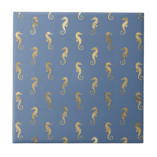 Elegant Gold Seahorse Seamless Pattern Navy Blue Tile