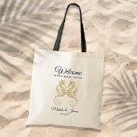 Elegant Gold Seahorses Wedding Welcome Tote Bag<br><div class="desc">Customize this elegant black and gold "Welcome" tote bag with your own special touch. This modern design features modern script,  navy black text and artistic gold seahorses. Personalize it with your names,  wedding date and location. If you need help or matching items,  please contact me.</div>
