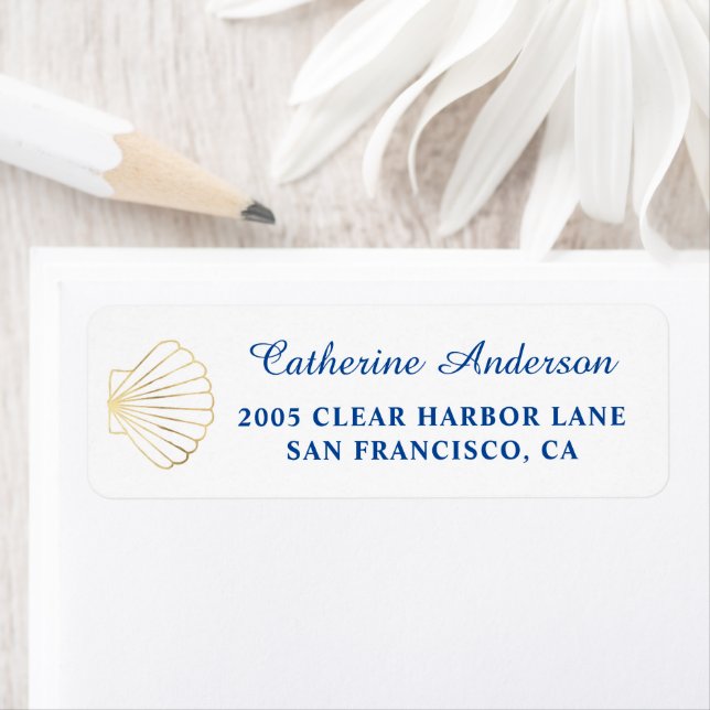 Elegant Gold Seashell Beach Wedding Return Address (Insitu)