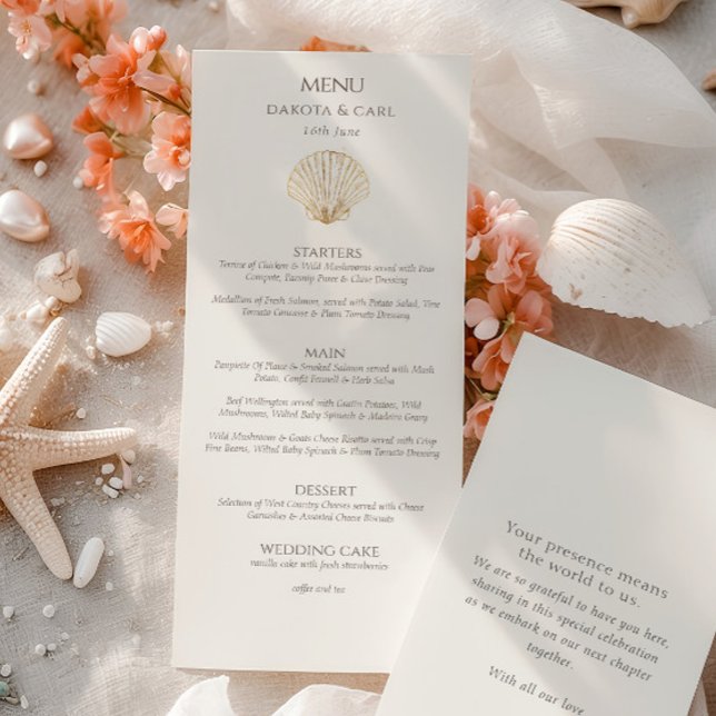 Elegant Gold Seashell Creamy Double Side Wedding  Menu (Elegant Gold Seashell Creamy Double Side Wedding Menu)