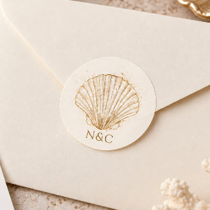 Elegant Gold Seashell Names Initials Wedding Classic Round Sticker