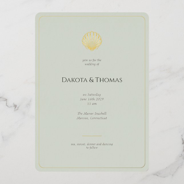 Elegant Gold Seashell Sage Wedding invitation (Front)
