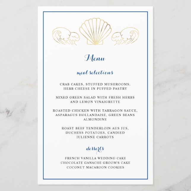 Elegant Gold Seashell Waves Wedding Reception Menu (Front)