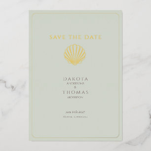 Elegant Gold Seashell  Wedding Save the Date Foil Holiday Card