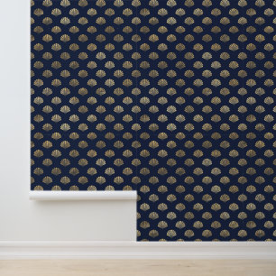 Elegant Gold Seashells Navy Blue Ocean Pattern Wallpaper