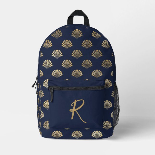 Elegant Gold Seashells on Navy Personalized Printed Backpack (Front)