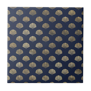 Elegant Gold Seashells Seamless Pattern Navy Blue Tile