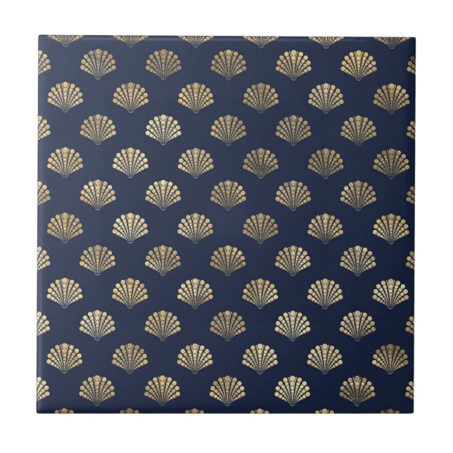 Elegant Gold Seashells Seamless Pattern Navy Blue  Tile (Front)