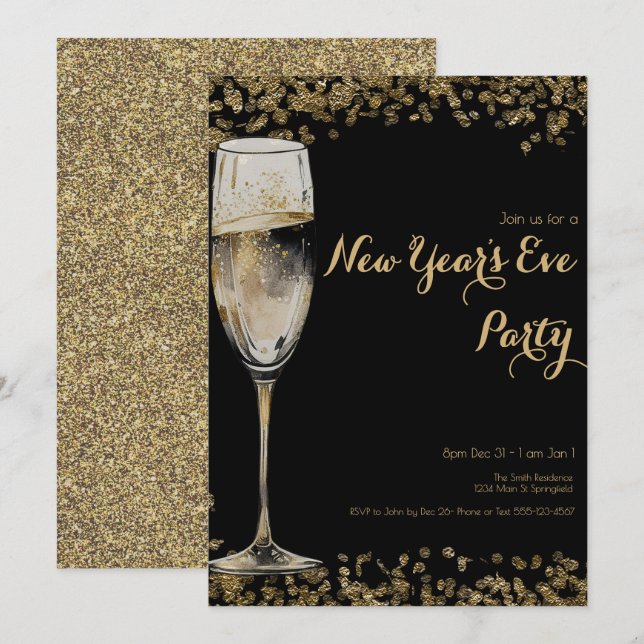 Elegant Gold Sequins New Years Eve Champagne Invitation (Front/Back)