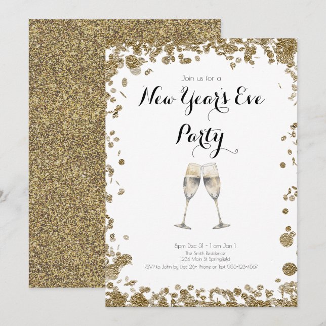 Elegant Gold Sequins New Years Eve Invitation (Front/Back)