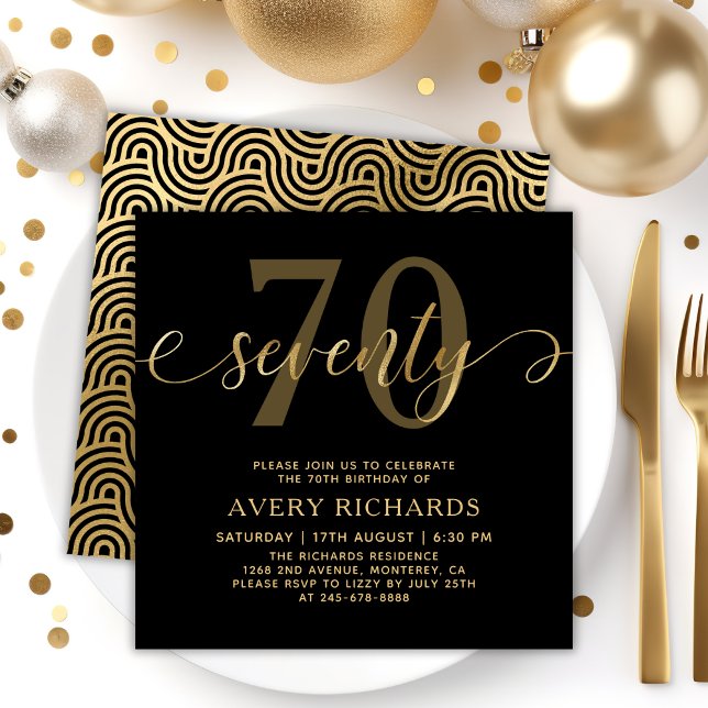 Elegant Gold Seventy Script Black 70th Birthday In Invitation (Creator Uploaded)