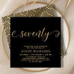 Elegant Gold Seventy Script Black 70th Birthday Invitation<br><div class="desc">Elegant Chic Black and Gold Seventy Script 70th Birthday Invitation. This modern birthday party invitation template features stylish „seventy” text in huge faux gold foil swirly handwritten calligraphy (or typography) script with swash tails, party details in gold colour on black background. At the reverse side faux gold foil swirling wave...</div>