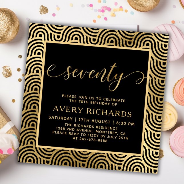 Elegant Gold Seventy Script Black 70th Birthday Invitation (Creator Uploaded)