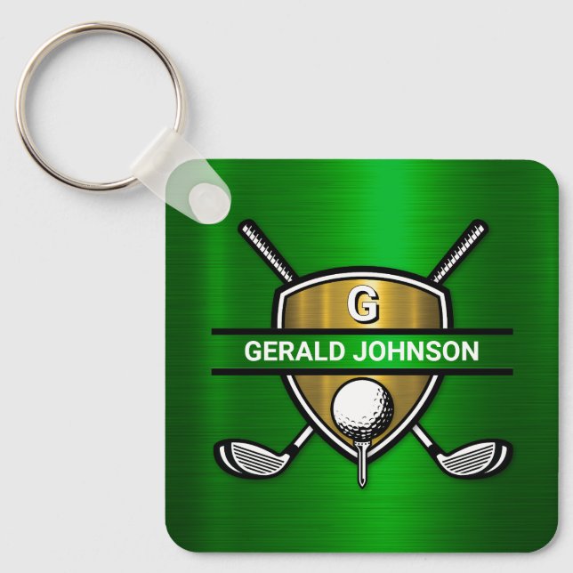 Elegant Gold Shield Golf Monogram Design Keychain (Front)