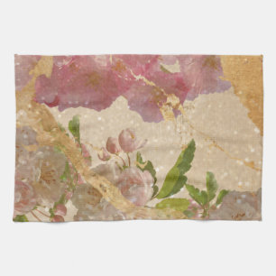 Elegant Gold Shimmer Floral Decoupage Kitchen Towel