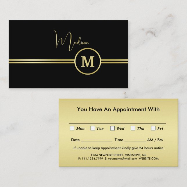 Elegant Gold Signature Monogram on Black Appointment Card (Front/Back)