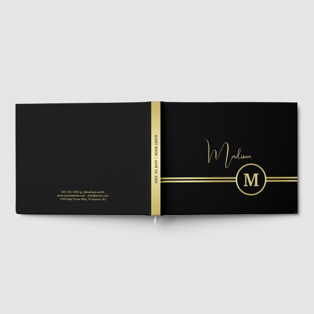 Elegant Gold Signature Monogram on Black Guest Book (Full)