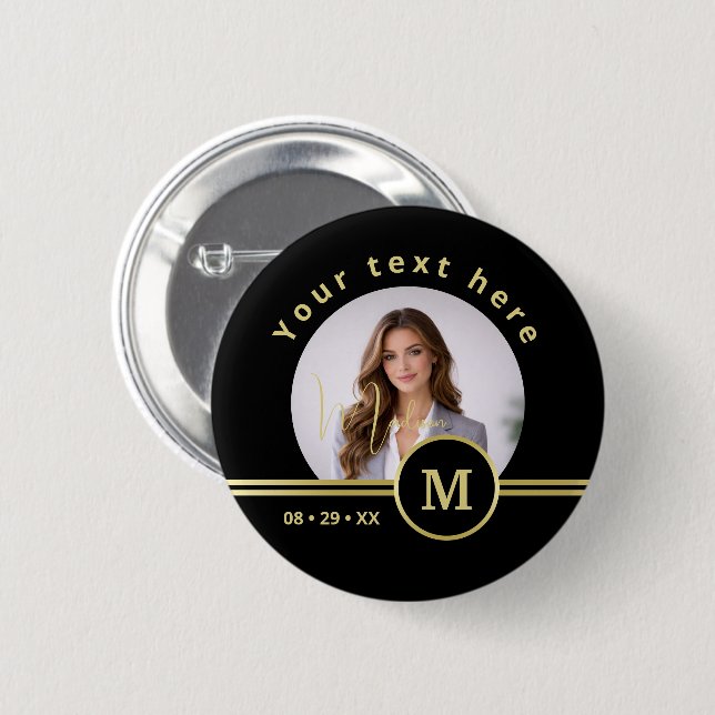 Elegant Gold Signature Monogram with Photo 2 Inch Round Button (Front & Back)