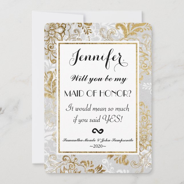 Elegant Gold Silver and Grey Floral Maid of Honour Invitation (Front)