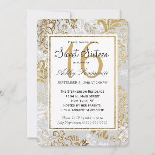 Elegant Gold Silver and Grey Floral Sweet 16 Invitation