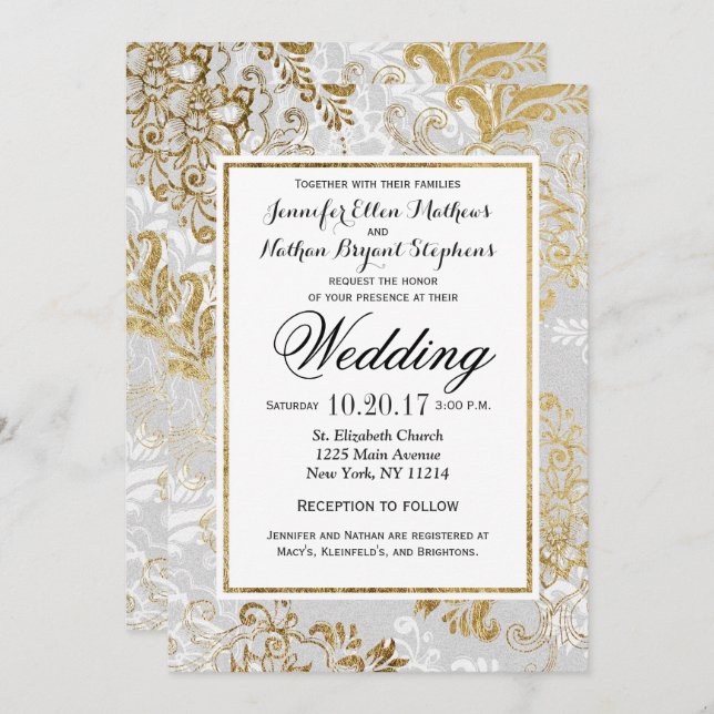 Elegant Gold Silver and Grey Floral Wedding Invitation (Front/Back)